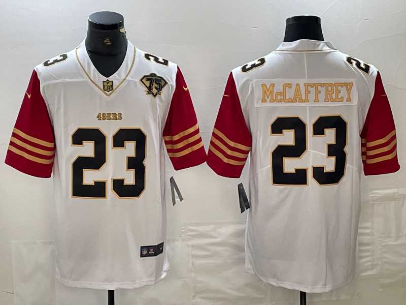 Mens San Francisco 49ers #23 Christian McCaffrey White 75th Patch Golden Edition Stitched Nike Limited Jersey Dzhi